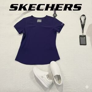 Skechers Solid Purple Scrubs Top Sz. L
